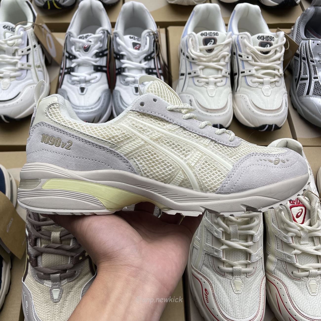 Asics Gel 1090 Grey Beige Birch French Blue White Sage Silver Cream Brown Silver Cream Gray Blue (8) - newkick.cc